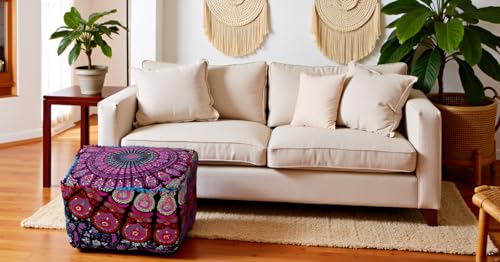 CRAFT KALA Indian Square Patchwork Traditional Pouf Cover Indian Living Room Poufs Cover Decorative Designer Ottoman Home Living Footstool Chair Cover Ottoman Decor 16X16X14 inches, Pink Mirchi - Image 2