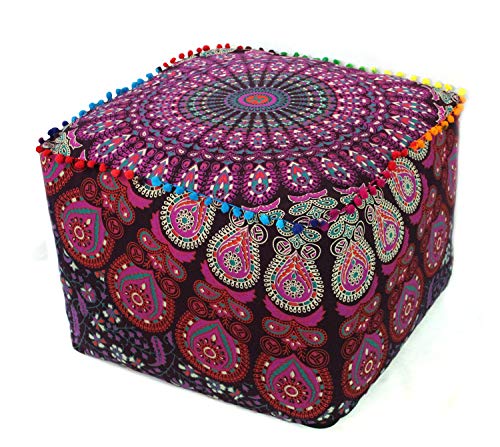 CRAFT KALA Indian Square Patchwork Traditional Pouf Cover Indian Living Room Poufs Cover Decorative Designer Ottoman Home Living Footstool Chair Cover Ottoman Decor 16X16X14 inches, Pink Mirchi - Image 1