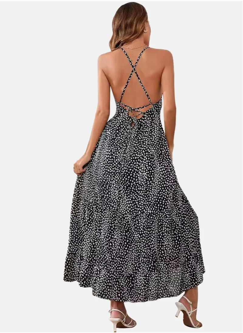 يونيكي Black Fit & Flare V Neck Animal Print Dress
