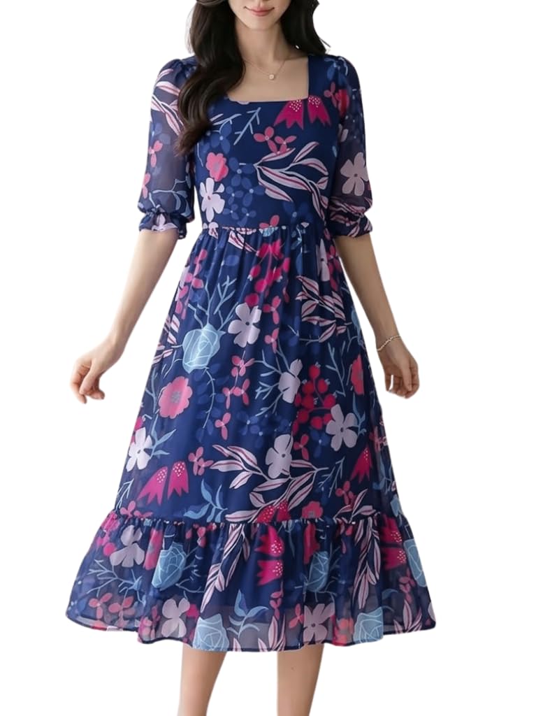 SMOWKLY Women's Georgette Floral Printed Indo-Western Ethnic Gown || Half Sleeve V Neck Fit & Flare Flared Hem Design || Casual Wear A-Line Maxi Dress Blue - Image 1