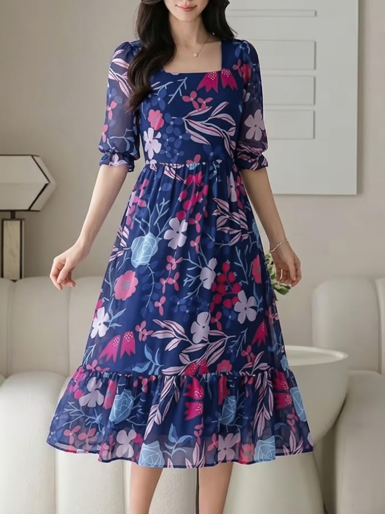 SMOWKLY Women's Georgette Floral Printed Indo-Western Ethnic Gown || Half Sleeve V Neck Fit & Flare Flared Hem Design || Casual Wear A-Line Maxi Dress Blue - Image 5
