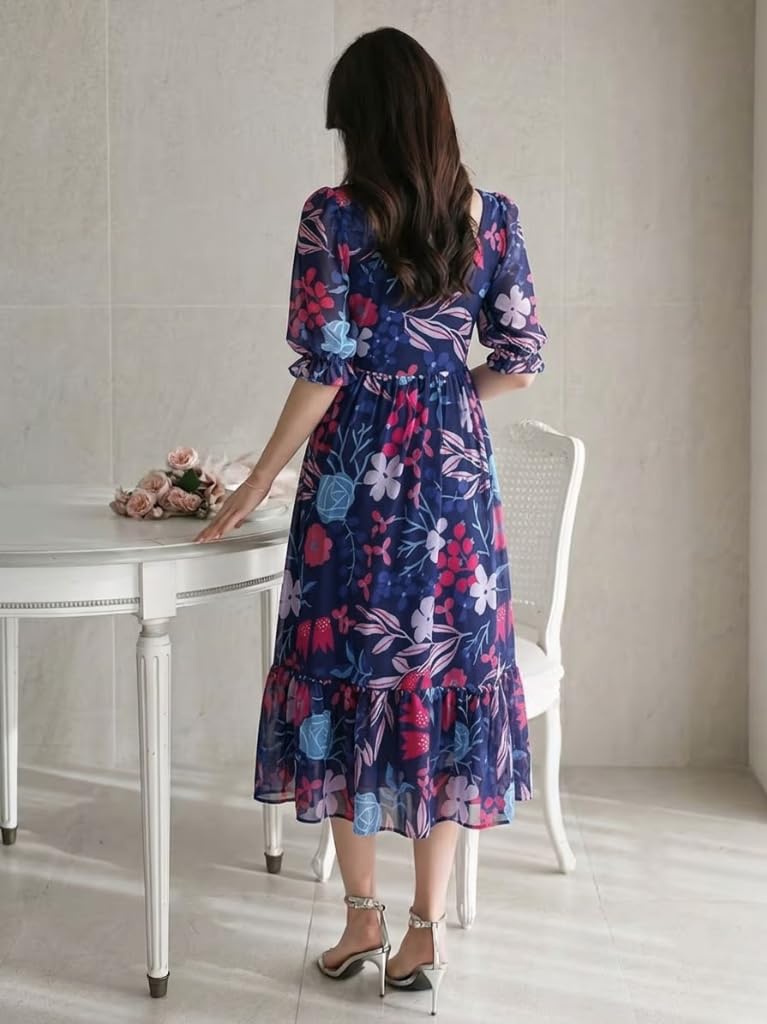 SMOWKLY Women's Georgette Floral Printed Indo-Western Ethnic Gown || Half Sleeve V Neck Fit & Flare Flared Hem Design || Casual Wear A-Line Maxi Dress Blue - Image 3