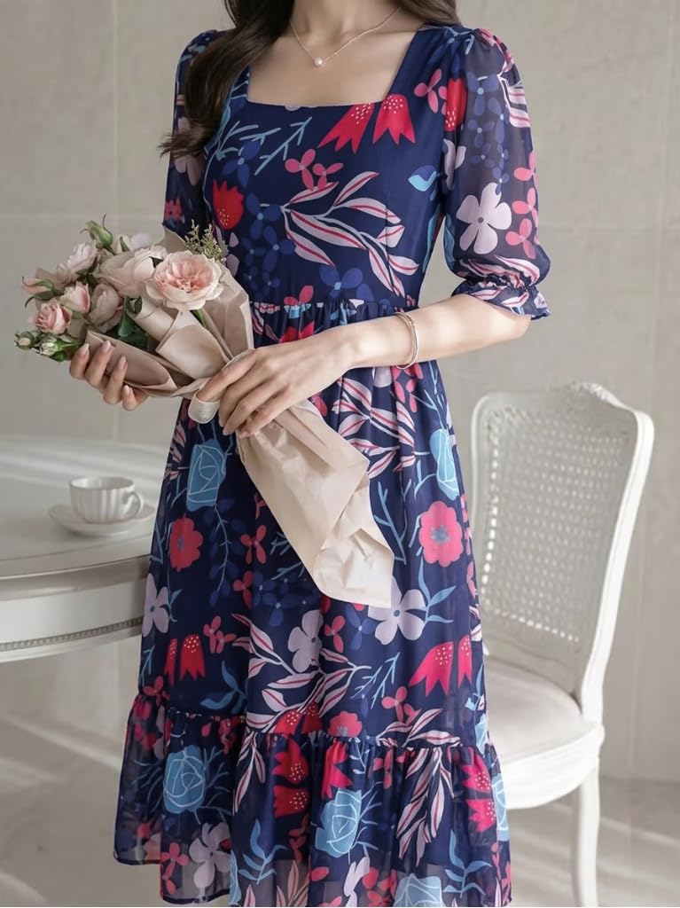 SMOWKLY Women's Georgette Floral Printed Indo-Western Ethnic Gown || Half Sleeve V Neck Fit & Flare Flared Hem Design || Casual Wear A-Line Maxi Dress Blue - Image 2