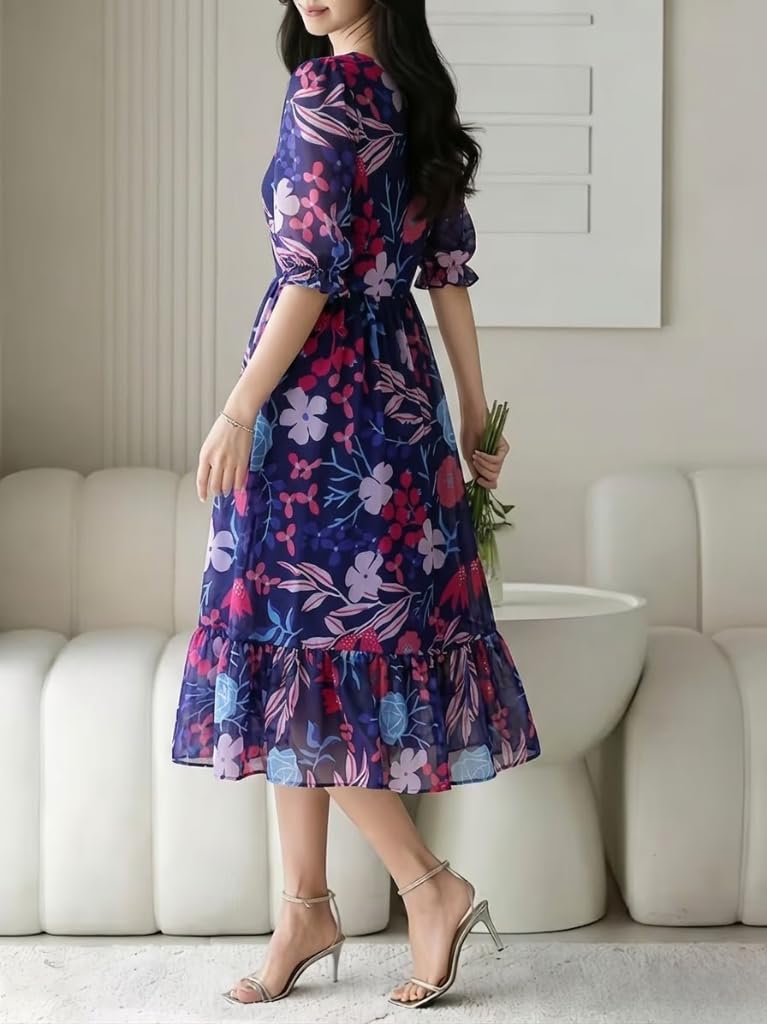 SMOWKLY Women's Georgette Floral Printed Indo-Western Ethnic Gown || Half Sleeve V Neck Fit & Flare Flared Hem Design || Casual Wear A-Line Maxi Dress Blue - Image 4