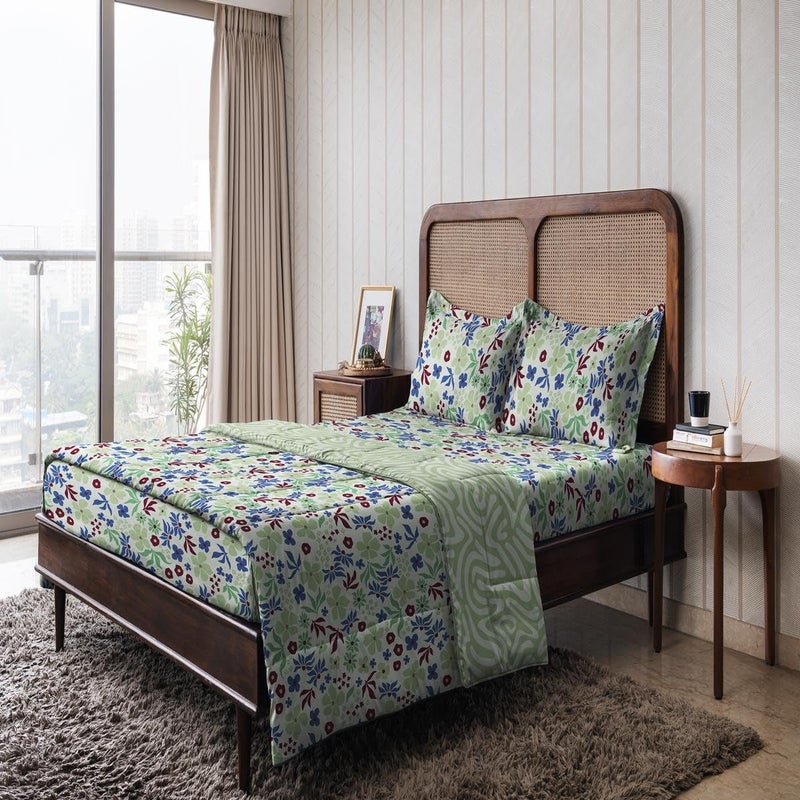 THE HAPPY POD Queen Size Comforter for Double Bed | All-Season Double Size Comforter - 2.28 m x 2.54 m | Blossom Breeze - Green | 100% Combed Cotton - Image 2