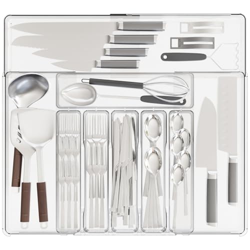Yieach Clear Expandable Silverware Organizers for Kitchen Drawers,Large BPA Free Cutlery Organizer in Drawer,Plastic Utensil Drawer Organizer Suitable as Flatware,Knife,Fork,Spoon,Silverware Holder and Tray - Image 1