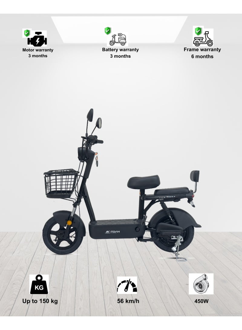كاميل دراجة كهربائية ITQ-4 Pro للبالغين، بقدرة 450 واط، إطارات مقاس 14 بوصة، مدى يصل إلى 65 كم، مزودة بمرايا جانبية وسلة، باللون الأسود. - Image 1