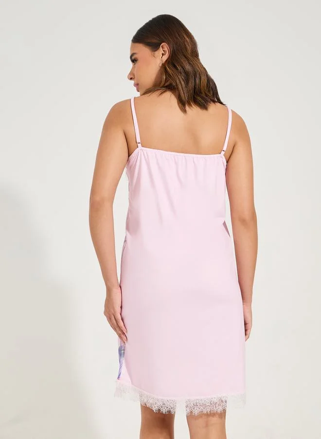 Styli Styli Placement Floral Print Lace Trim Knee Length Slip Dress