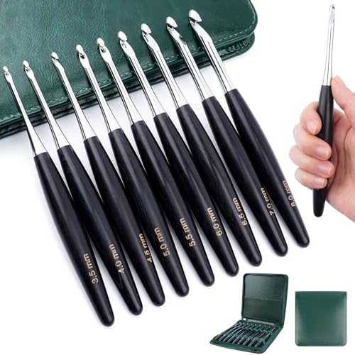 Hobekoee Inline Crochet Hooks Set 9 Sizes 3.5mm(E)-8mm(L) Wooden Handle Crochet Hooks Set with Case,Ergonomic Grip for Arthritic Hands - Image 1