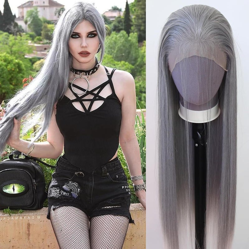 zigzag hair Grey Wig Long Straight Grandma Grey Synthetic Lace Front Wigs Pre Plucked with Natural Hariline for Fashion Women Heat Resistant Hair Gray Glueless Synthetic Lace Wig Grey