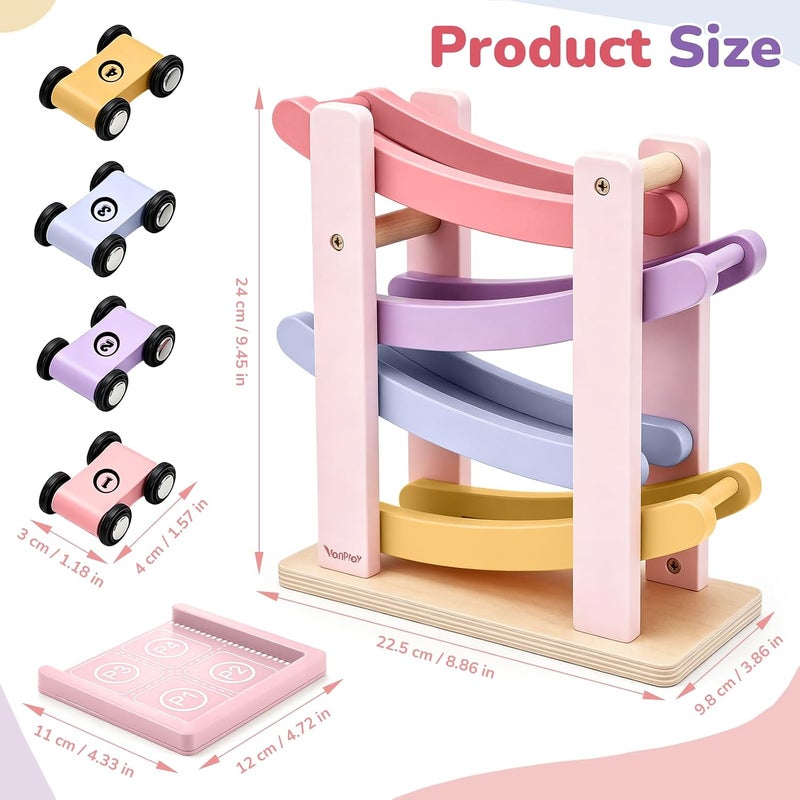 Vanplay Car Ramp Toys for One Year Old Girl Birthday Gifts, Montessori Toys for 1-3 Years, Wooden Race Track Truck Toy with 4 Mini  Cars - Image 5