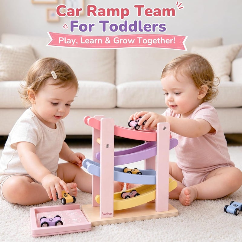 Vanplay Car Ramp Toys for One Year Old Girl Birthday Gifts, Montessori Toys for 1-3 Years, Wooden Race Track Truck Toy with 4 Mini  Cars - Image 2