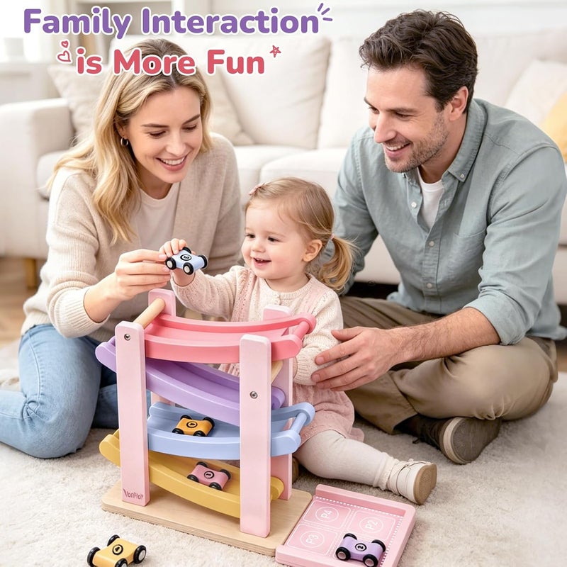Vanplay Car Ramp Toys for One Year Old Girl Birthday Gifts, Montessori Toys for 1-3 Years, Wooden Race Track Truck Toy with 4 Mini  Cars - Image 4
