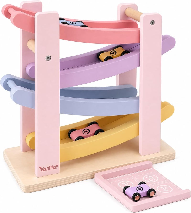 Vanplay Car Ramp Toys for One Year Old Girl Birthday Gifts, Montessori Toys for 1-3 Years, Wooden Race Track Truck Toy with 4 Mini  Cars - Image 1