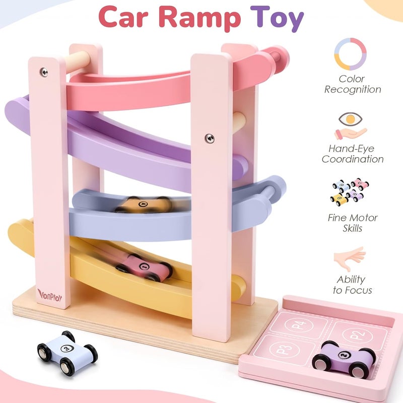 Vanplay Car Ramp Toys for One Year Old Girl Birthday Gifts, Montessori Toys for 1-3 Years, Wooden Race Track Truck Toy with 4 Mini  Cars - Image 3