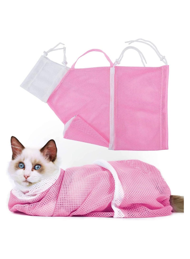 Adjustable Cat Shower Net Bag Multifunctional Cat Bathing Grooming Bag with Drawstrings Cat Restraint Bag with Handle for Bathing Nail Trimming Ear Clean Anti-Bite Anti-Scratch Polyester Pink - Image 1