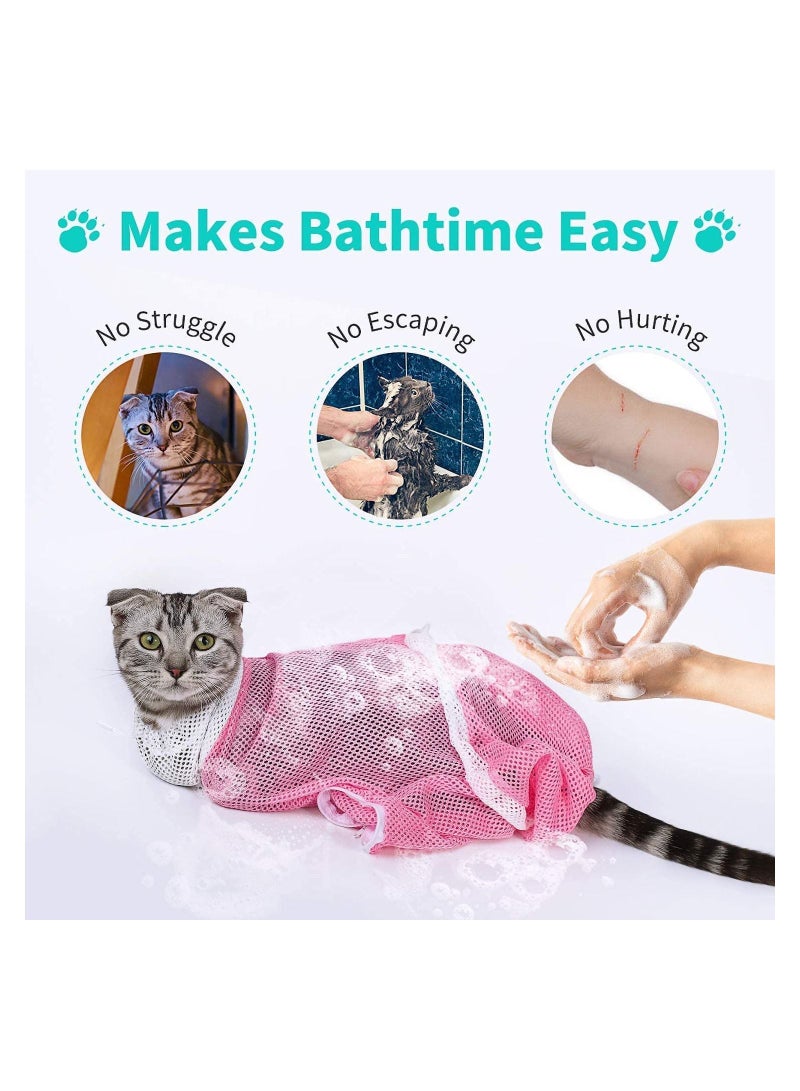 Adjustable Cat Shower Net Bag Multifunctional Cat Bathing Grooming Bag with Drawstrings Cat Restraint Bag with Handle for Bathing Nail Trimming Ear Clean Anti-Bite Anti-Scratch Polyester Pink - Image 2