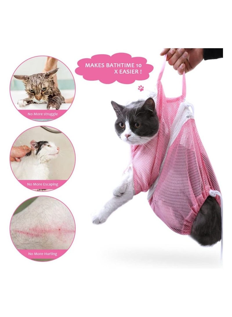 Adjustable Cat Shower Net Bag Multifunctional Cat Bathing Grooming Bag with Drawstrings Cat Restraint Bag with Handle for Bathing Nail Trimming Ear Clean Anti-Bite Anti-Scratch Polyester Pink - Image 3