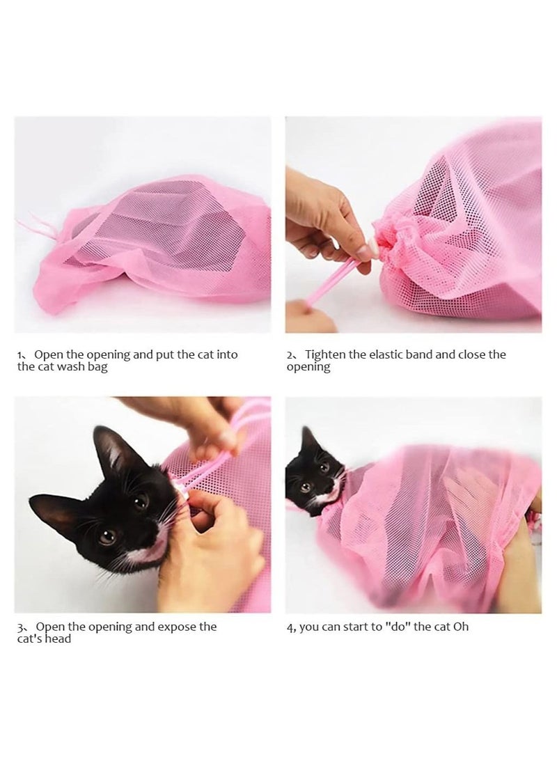 Adjustable Cat Shower Net Bag Multifunctional Cat Bathing Grooming Bag with Drawstrings Cat Restraint Bag with Handle for Bathing Nail Trimming Ear Clean Anti-Bite Anti-Scratch Polyester Pink - Image 4