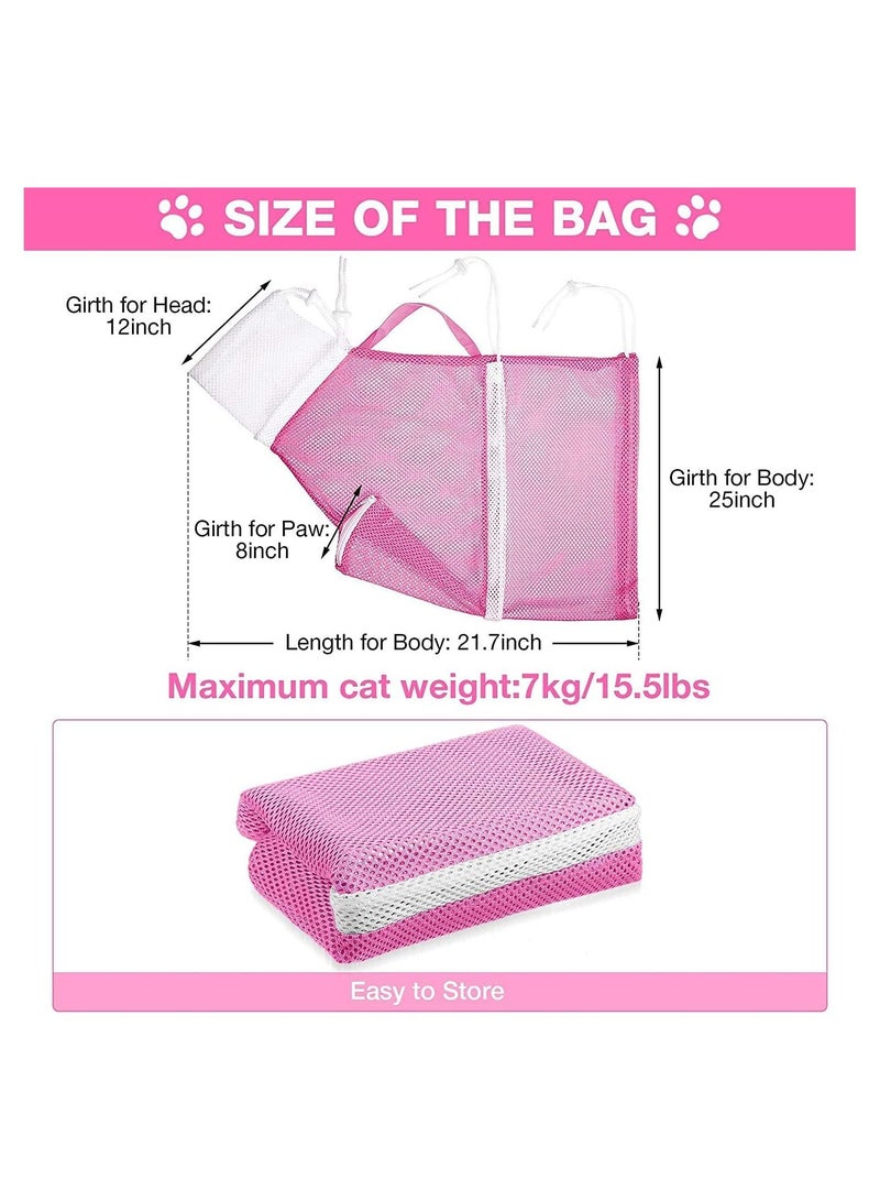 Adjustable Cat Shower Net Bag Multifunctional Cat Bathing Grooming Bag with Drawstrings Cat Restraint Bag with Handle for Bathing Nail Trimming Ear Clean Anti-Bite Anti-Scratch Polyester Pink - Image 5