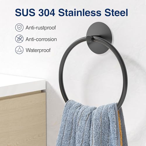 susswiff Matte Black Bathroom Towel Ring - SUS304 Stainless Steel Bathroom Towel Rack, Susswiff Adhesive Wall Mounted Hand Towels Holder, Towel Hanger for Bathroom Organizer, Kitchen Storage - Image 2