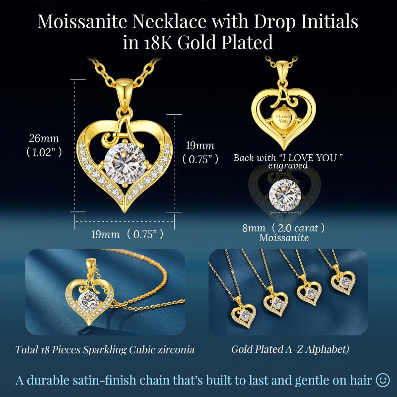 CDE Valentines Day Gift 18K Gold Plated Initial Heart 2 Carat Moissanite Necklace for Women 925 Sterling Silver Jewelry, Christmas Anniversary Birthday Gift for Wife Girlfriend Her (Initial A-2 Carat) - Image 5