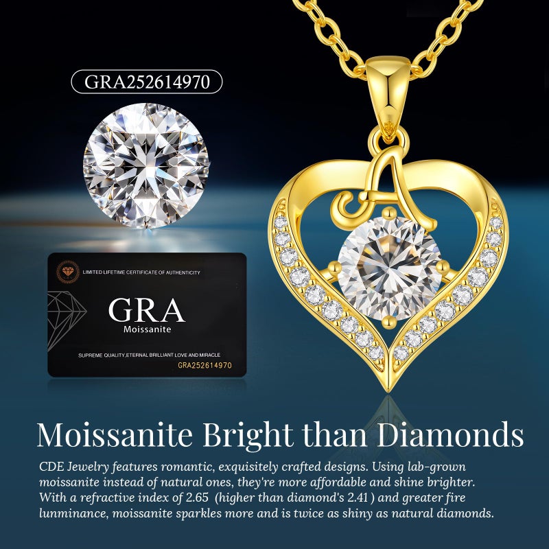 CDE Valentines Day Gift 18K Gold Plated Initial Heart 2 Carat Moissanite Necklace for Women 925 Sterling Silver Jewelry, Christmas Anniversary Birthday Gift for Wife Girlfriend Her (Initial A-2 Carat) - Image 4