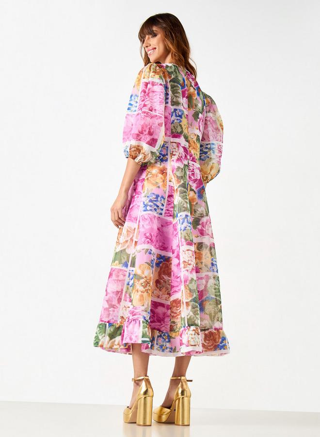 ايكونيك فستان ميدي بطبعة زهور أيقونية بياقة على شكل حرف  وأكمام ثلاثة أرباع - Image 3