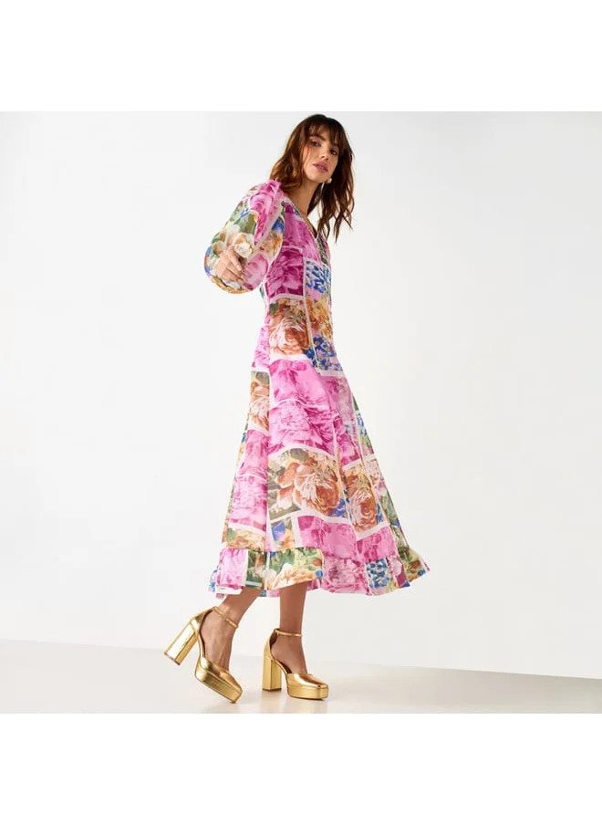 Iconic Iconic All-Over Floral Print Midi Dress with V-neck and 3/4 Sleeves