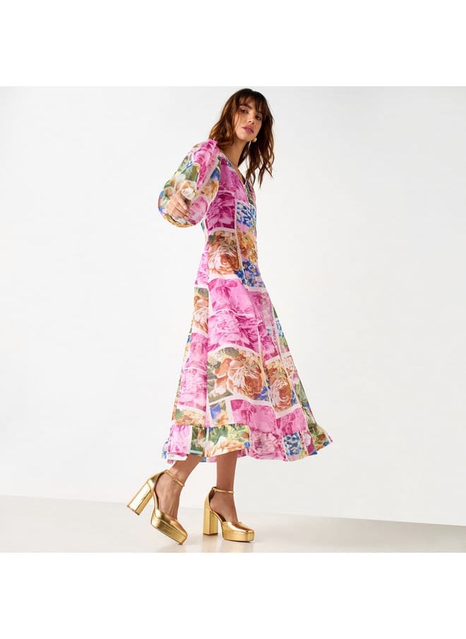 Iconic - Iconic All-Over Floral Print Midi Dress with V-neck and 3/4 Sleeves - Image 1