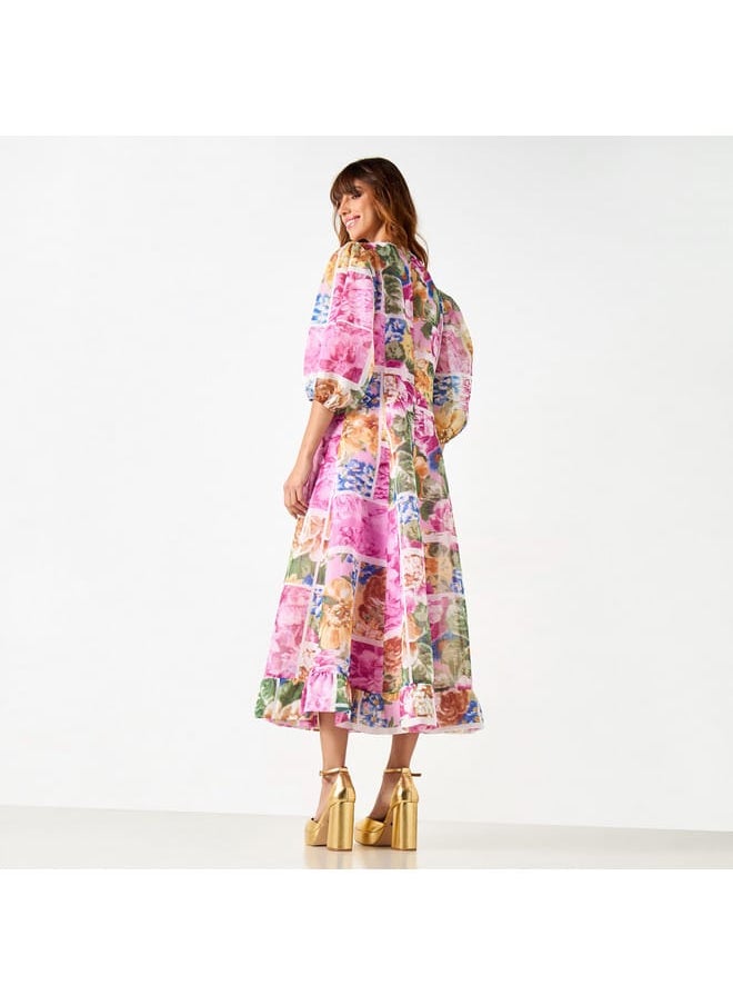 Iconic - Iconic All-Over Floral Print Midi Dress with V-neck and 3/4 Sleeves - Image 1