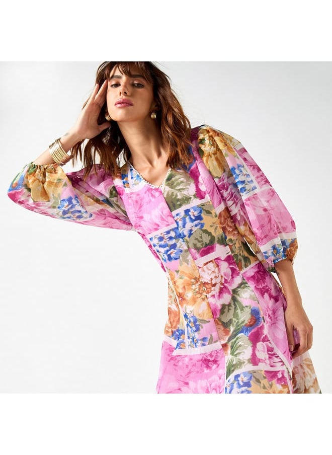 Iconic - Iconic All-Over Floral Print Midi Dress with V-neck and 3/4 Sleeves - Image 1