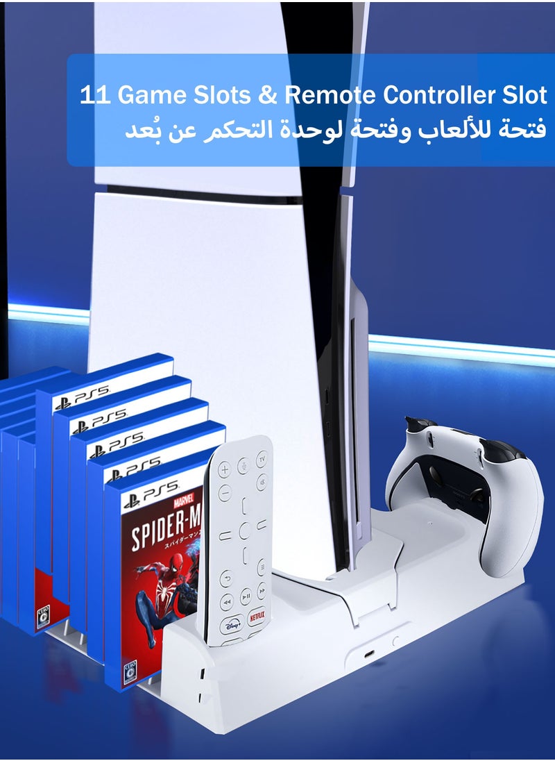 دوبي - قاعدة وتبريد متوافقة مع أجهزة PS5 / PS5 Slim / PS5 Pro مع شاحن لوحدة التحكم بمصابيح LED، مروحة تبريد بثلاث مستويات، وإكسسوارات لجهاز PlayStation 5 - Image 1