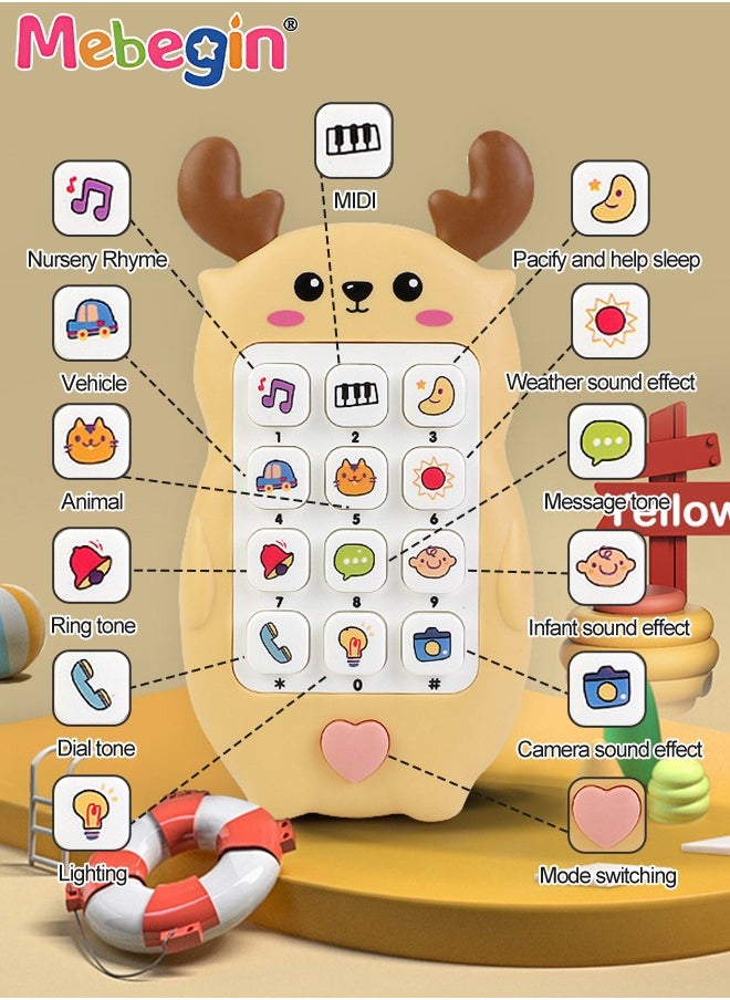 MEBEGIN - Baby Deer-shaped Mobile Phone Toy with Teether Case, Light, Music and Adjustable Volume, Multifunctional Baby Phone Toy with 12 Learning Modes, Teething Toy for Babies, Perfect for Bbabies Who Enjoy Playing with Real Phones, 7*2.5*13.5cm - Image 1