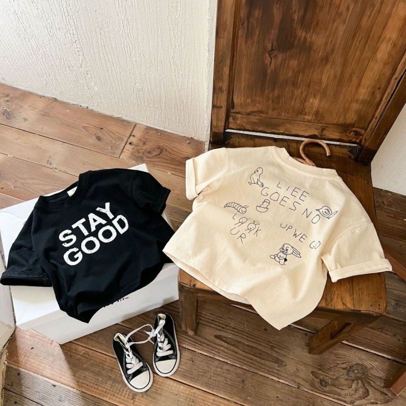 Boys Casual Letter Printed Short-Sleeved T-Shirt Summer Baby Girl Small And Medium-Sized Kidsren Pure Cotton Korean Style Half-Sleeved Versatile Top T - Image 3