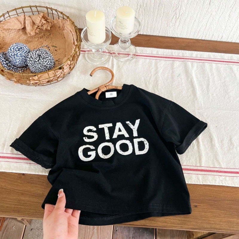 Boys Casual Letter Printed Short-Sleeved T-Shirt Summer Baby Girl Small And Medium-Sized Kidsren Pure Cotton Korean Style Half-Sleeved Versatile Top T - Image 1