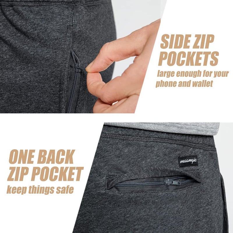 maamgic Mens Sweat Shorts 7" Above Knee Workout Gym Shorts Lounge Shorts with Zipper Pockets Charcoal Medium - Image 3
