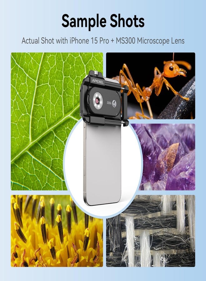 APEXEL 300X Phone Microscope Lens, Phone Camera Micro Lens with Universal Clip/LED Light/CPL, Mini Pocket Microscope, Phone Lens Attachment Fit for iPhone 16/15/14/13, Samsung, and Most Smartphone - Image 2