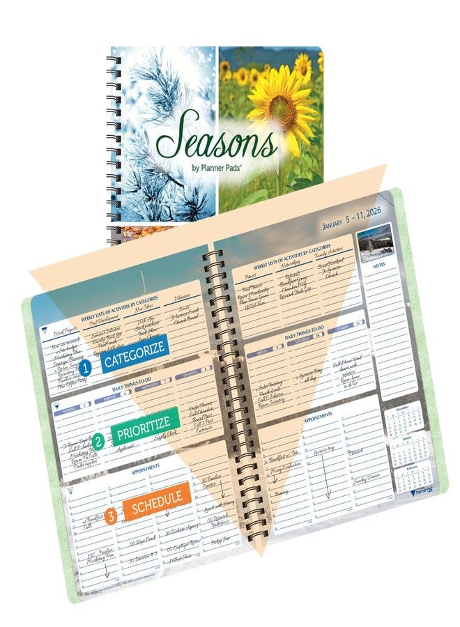 Planner Pad Spiral Bound January-December 2026/ Calender Year 6 3/4" x 8 1/2" Medium 3-Tier Funnel Down 12 Month Organizer, Seasonal Color Ink - Image 1