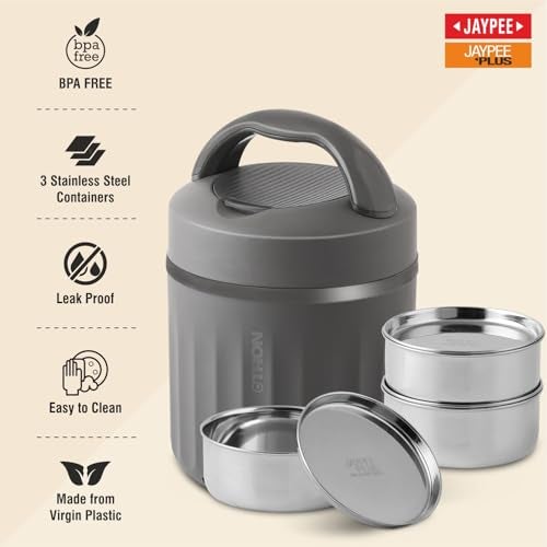 Jaypee Plus Etron Auto Cut Off Electric Lunch Box with 3 Stainless Steel containers 300X3 ml Lunch Box for Office, Travel Easy to Carry Handle Convenience case for Power Cord Food Grade,Bottle Grey - Image 3