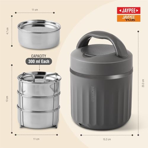Jaypee Plus Etron Auto Cut Off Electric Lunch Box with 3 Stainless Steel containers 300X3 ml Lunch Box for Office, Travel Easy to Carry Handle Convenience case for Power Cord Food Grade,Bottle Grey - Image 5