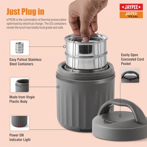 Jaypee Plus Etron Auto Cut Off Electric Lunch Box with 3 Stainless Steel containers 300X3 ml Lunch Box for Office, Travel Easy to Carry Handle Convenience case for Power Cord Food Grade,Bottle Grey - Image 4