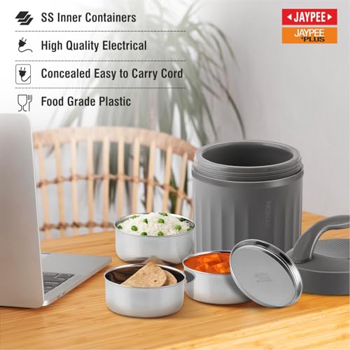 Jaypee Plus Etron Auto Cut Off Electric Lunch Box with 3 Stainless Steel containers 300X3 ml Lunch Box for Office, Travel Easy to Carry Handle Convenience case for Power Cord Food Grade,Bottle Grey - Image 2