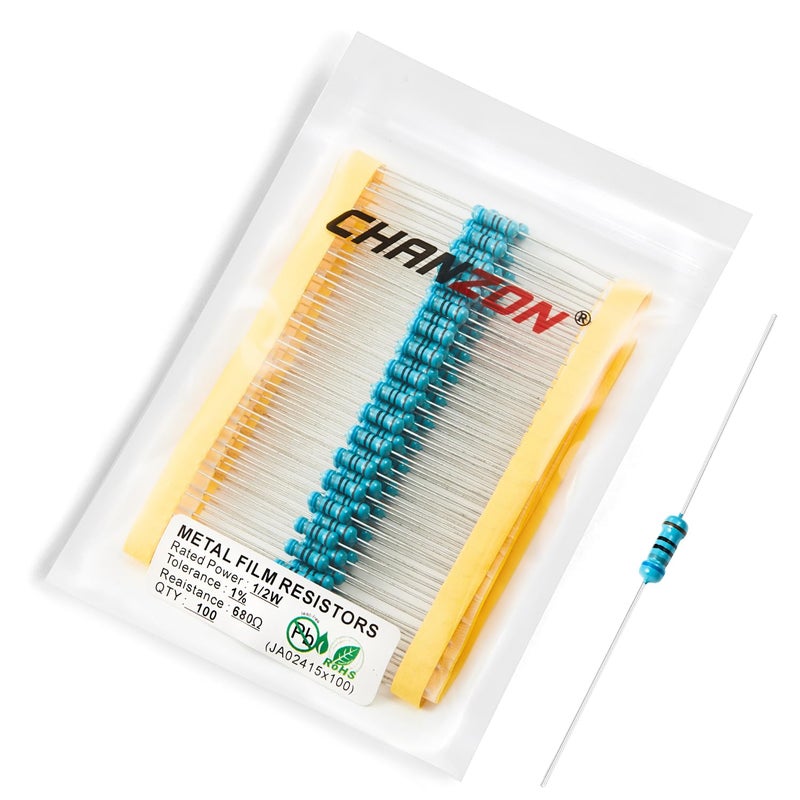 CHANZON 100pcs 1/2W (0.5W)680Ω ohm Metal Film Fixed Resistor 0.01 ±1% Tolerance 680 R MF Through Hole Resistors Current Limiting Rohs Certificated - Image 1
