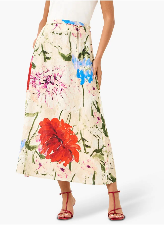 ايكونيك Iconic Floral Print Midi Skirt with Zip Closure