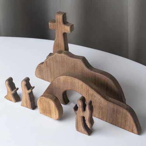 NEROSUN Empty Tomb Easter Scene and Cross Decoration, Wooden Easter Resurrection Scene Cross Jesus Tomb Tray Set, Jesus Nativity Scene Decor for Religious Home Office Tabletop Christian Gifts - Image 2