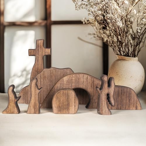 NEROSUN Empty Tomb Easter Scene and Cross Decoration, Wooden Easter Resurrection Scene Cross Jesus Tomb Tray Set, Jesus Nativity Scene Decor for Religious Home Office Tabletop Christian Gifts - Image 1