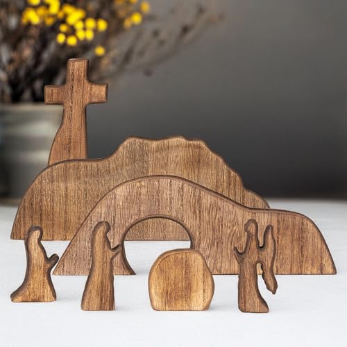 NEROSUN Empty Tomb Easter Scene and Cross Decoration, Wooden Easter Resurrection Scene Cross Jesus Tomb Tray Set, Jesus Nativity Scene Decor for Religious Home Office Tabletop Christian Gifts - Image 5