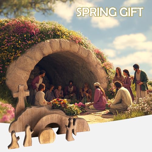 NEROSUN Empty Tomb Easter Scene and Cross Decoration, Wooden Easter Resurrection Scene Cross Jesus Tomb Tray Set, Jesus Nativity Scene Decor for Religious Home Office Tabletop Christian Gifts - Image 3