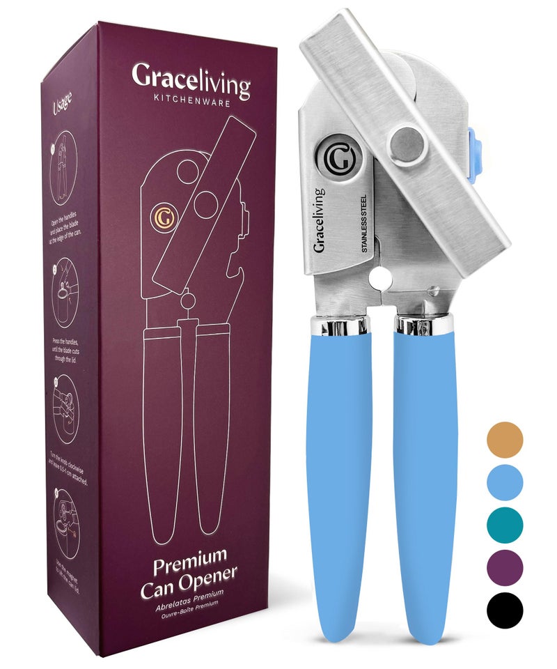 Graceliving Premium Multifunctional Magnetic Manual Can Opener and Bottle Opener, Heavy Duty Stainless Steel Sharp Cutting Blade and Oversized Easy Turn Knob, Soft-Touch Handle, Kitchen Use, Blue - Image 1